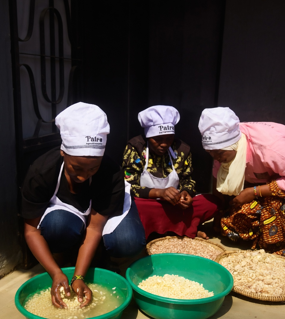 Team peeling and washing garlic in Patra chef hats
